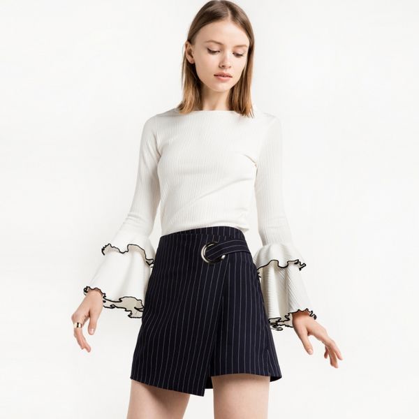 

fashion- knitted women flare sleeve female pullover sweet solid ruffles o-neck ladies t-shirt, White;black