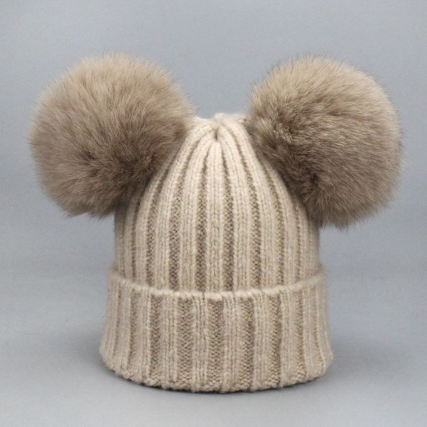 

double pom pom beanie hat woman warm winter knitted skull caps fox fur ball wool hat thick warm beanie cap jj20068, Blue;gray