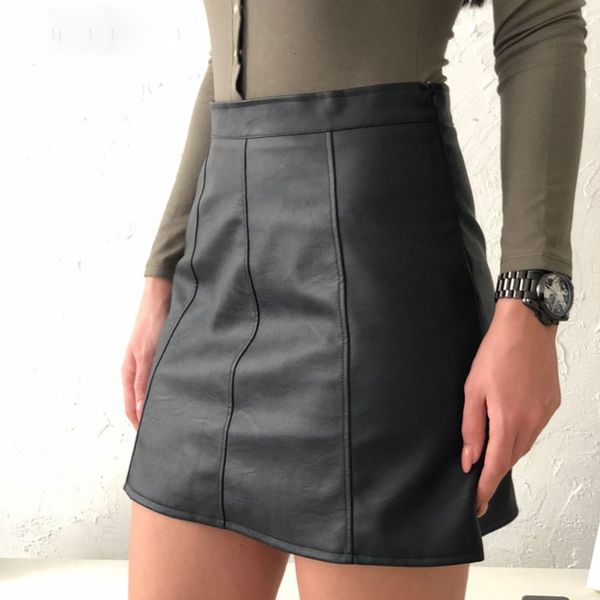

юбки для женщин мини-юбка юбки основной весна нового pu кожезаменитель юбка женщина высокой талия юбка черная сторона молния для сезона, Black