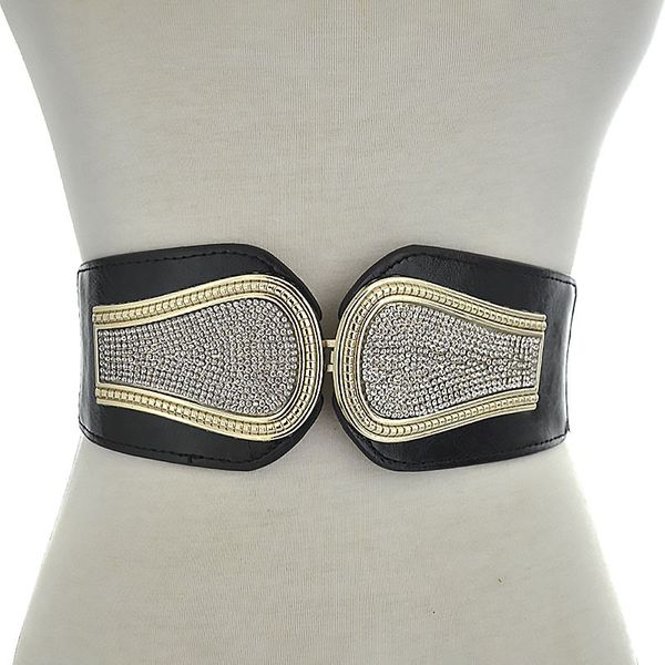 

2020 beautiful rhinestones crystal women's wide belt girdle metal button elastic band dress bride belts female elegant waist, Black;brown