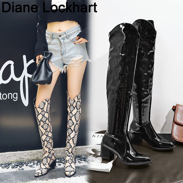 

new over the knee boots woman long boots snake print women winter footwear winter patent leather boots, Black