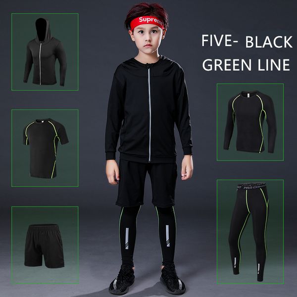 

kids sports running set 5pcs men sport suit jogging basketball underwear sportswear gym tights soccer tracksuit training clothes, Black;blue