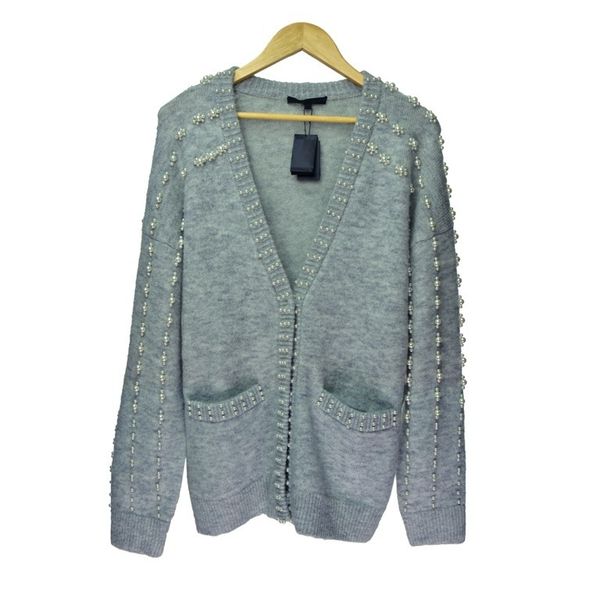 

18 socialite wind beautiful pearl decoration wool knitting cardigan marlou 81149, White