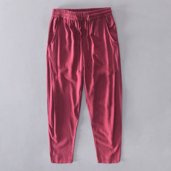 

new summer linen nine pants japanese solid color daily casual wild rope cotton and linen loose men's trousers, Black