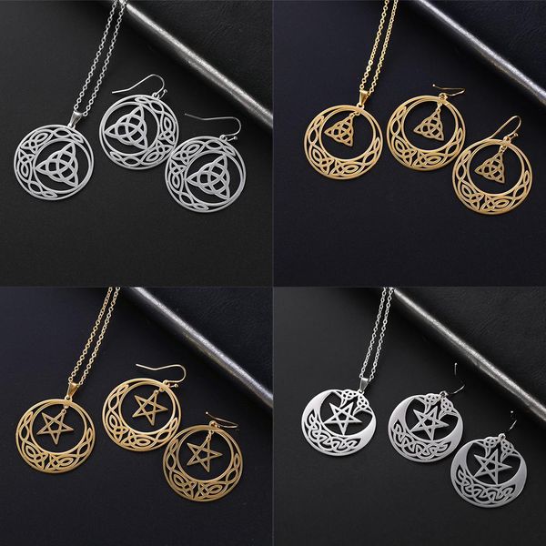 

hollow pentagram irish knot gothic stainless steel big gold statement drop necklace for woman christmas mother gift jewelry, Silver