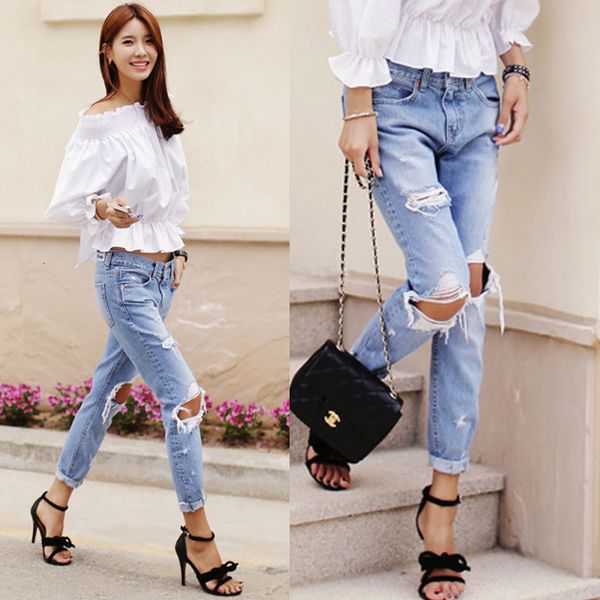 

big holes ripped jeans for women low rise distressed straight pants denim fashion streetwear blue plus size trousers jens korean