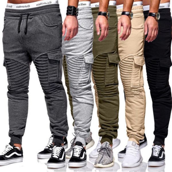 

mens casual trousers tracksuit 2018 new solid pleated drawstring bottoms skinny gym workout joggers sweat track pants m-3xl, Black