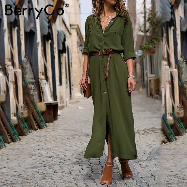 

berrygo army green buttons split long dress shirt office lady vintage women dress plus size autumn v neck chiffon winter, Black;gray