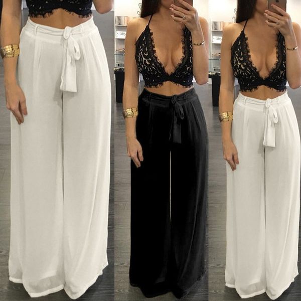 

women's pants & capris plus size elastic high waist chiffon wide leg zanzea 2021 casual summer trousers woman pantalon, Black;white
