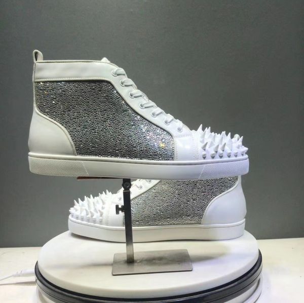

2020 new fashion designer woman causal shoes man sneakers comfortable high crystal spikes red sole white shoes drop shipping with box, Black