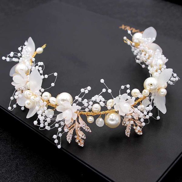 

handmade bridal flower faux pearl crystal leaves wedding headband women hairband children hair accessories, Golden;white
