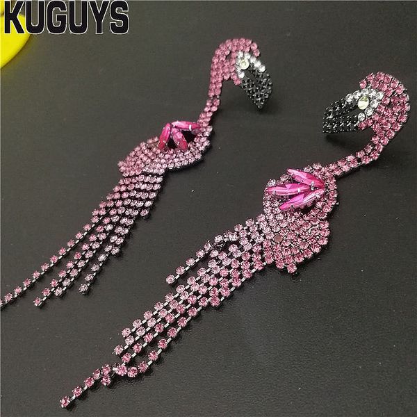 

kuguys fashion jewelry alloy hyperbole luxury large drop earring for women pink crystals flamingos tassel long dangle earrings, Golden