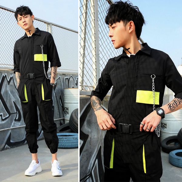 

2019 new personality men's color pocket overalls jumpsuit tide men japanese retro hip hop dj jumpsuit, Black