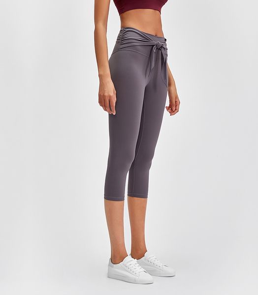 

women's new lu-39 front waist fashion bandage sports cropped trousers female skin-friendly nude stretch elastic shape-fitting yoga pant, White;red