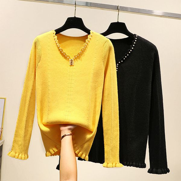 

good quality core yarn sweater 2019 autumn new large size 4xl solid color beaded v-neck sweater, White;black