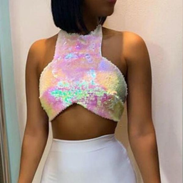 

new fashion women halter neck sleeveless crop sequined glitter backless tank ladies slim club wear summer, White