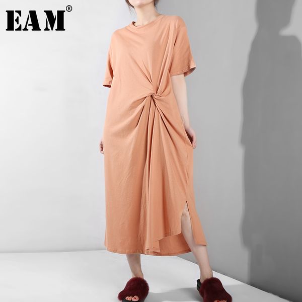 

eam] 2019 new spring summer round neck short sleeve orange waist knot stitch long temperament dress women fashion tide s20, Black;gray