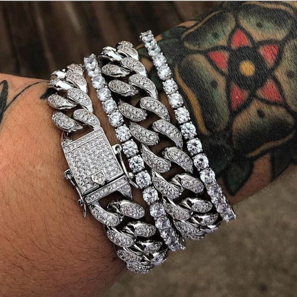 

hip hop bling iced out miami cuban link chain full crystal pave men's bracelet gold silver color bracelets for men jewelry, Black