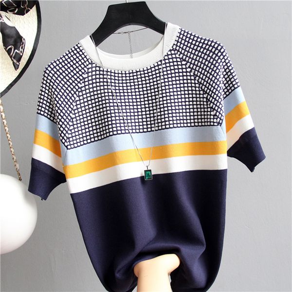 

shintimes blusas mujer de moda 2019 new vintage ladies striped summer blouse pink elasticity short sleeve blue women blouse, White