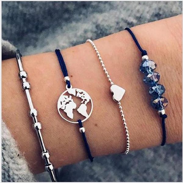 

bracelets set 4pcs package heart blue bead round map beaded chain rope chain gold color plated c shape bangle, Golden;silver