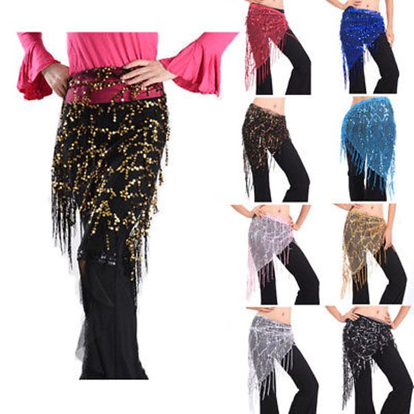 

new fashion women hip scarf wrap skirt belt belly dance costume triangle sequins tassel, Blue;gray