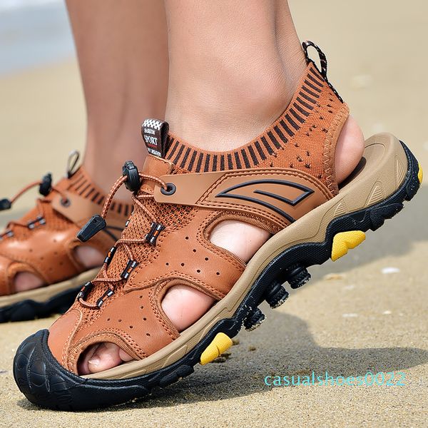 

summer sandals men superior calf genuine leather functional classic slippers men beach sandals male casual shoes c22, Black