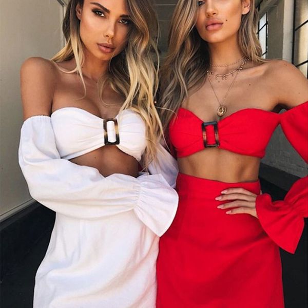 

2pcs/sets off shoulder crop + mini skirt sets women summer beach puff sleeve shorts bodycon cotton clothes suits, White