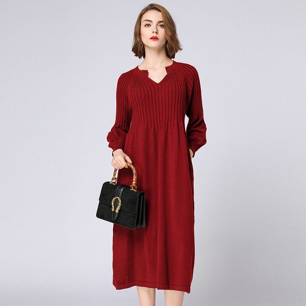 

women knitted sweater dress plus size long sleeve v-neck pleated loose midi long dress gray autumn winters 2799ly, White;black