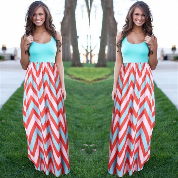 

womens wave striped bohemian dresses fashion sleeveless scoop neck long dresses women summer maxi dress, Black;gray