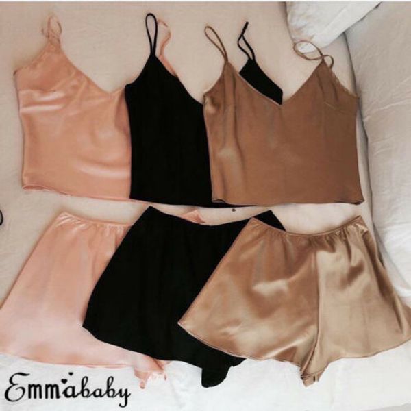

2pcs shorts set solid fashion satin sleepwear suit pajamas lingerie underwear nightwear women new, Blue;gray