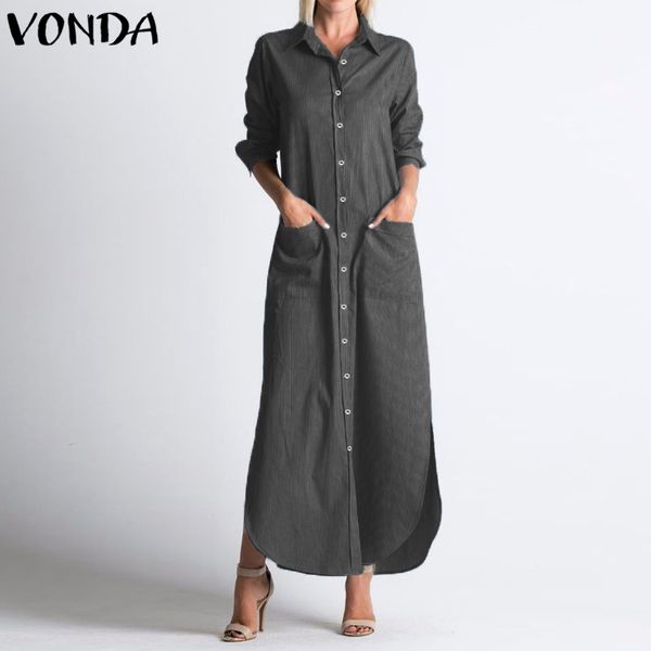 

vonda long shirt dress women 2019 autumn casual lapel neck long sleeve party dress buttons split striped vestidos plus size, Black;gray