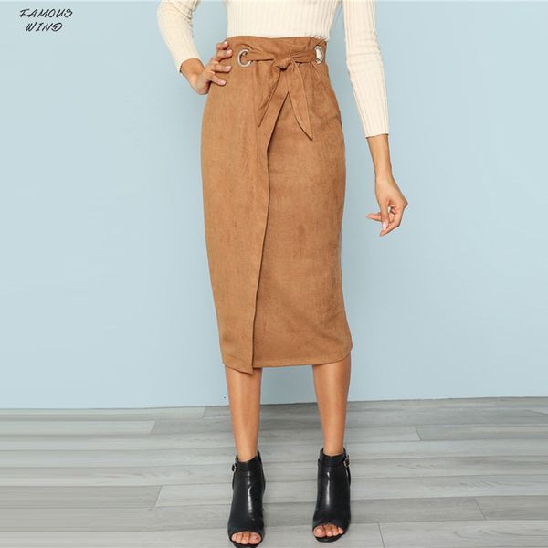 

brown tie skirt work waist bodycon zip back mid calf wrap knot split women elegant autumn pencil midi skirt, Black