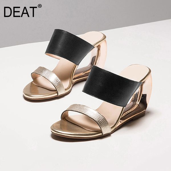

deat] 2020 new spring summer round toe shallow genuine leather hit colors fretwork heels slippers women shoes tide 10g839, Black