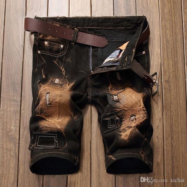 

men designer embroidery black denim shorts distressed short jeans bleached retro denim shorts big size 42 trousers jb9892, Blue