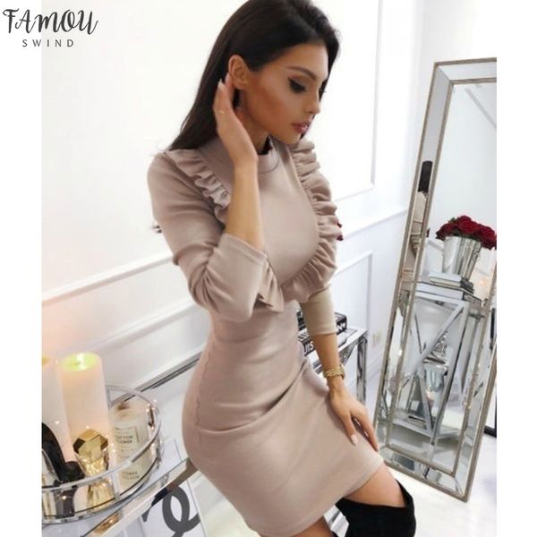 

women ruffles sheath dress ladies long sleeve autumn winter elegant dress 2020 fashion casual solid mini slim party dress, Black;gray