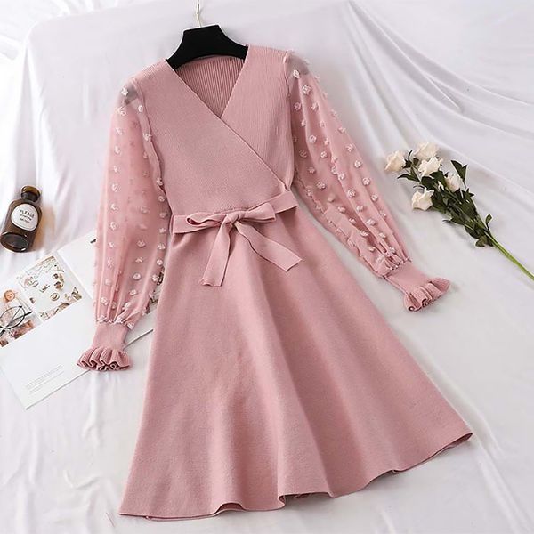 

women vintage lace patchwork sashes a-line party dress long sleeve v neck solid kniteed mini dress 2019 winter new dress, Black;gray