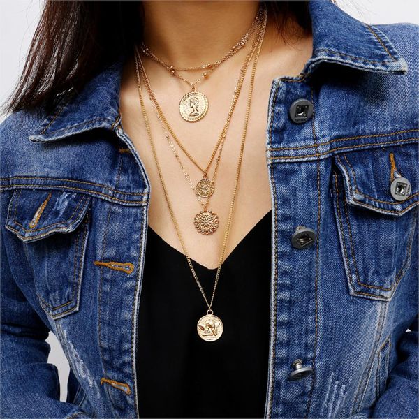 

vintage gold color carved coin necklace figure medal long chain double layered necklace pendant personalized women choker, Silver