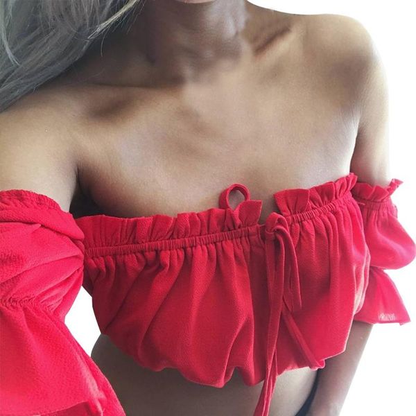 

crop women summer lantern sleeve vests strapless beach red black white ruched crop plus size tank ##45