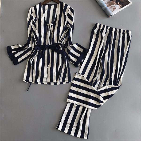 

satin sleepwear female with chest pads women pajamas lace silk sleep lounge 3 pieces sets elegant ladies indoor clothing, Black;red