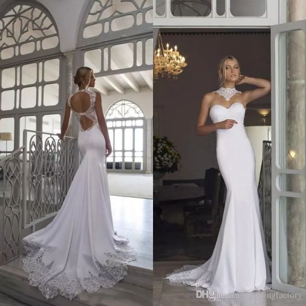 Riki Dalal 2019 Sexy Vestidos de Noiva Sereia Aberto De Volta Gola alta Ilusão Nupcial Vestidos De Laço Appliques Apliques e Flare Sereia Vestidos De Noiva