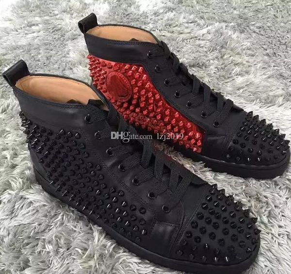 

fashion designer brand high studded spikes flats shoes red bottom shoes for men and women party lovers genuine leather sneakers, Black