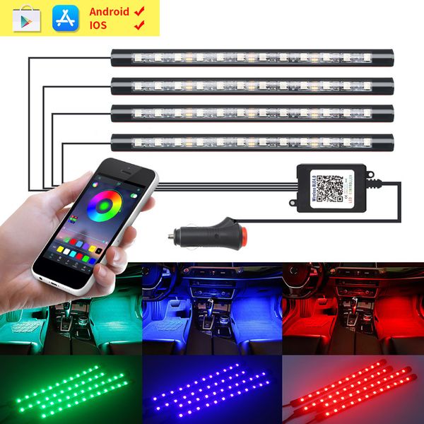 

4pcs car led strips decorative lamps flexible rgb phone app rf remote controller led interior lights