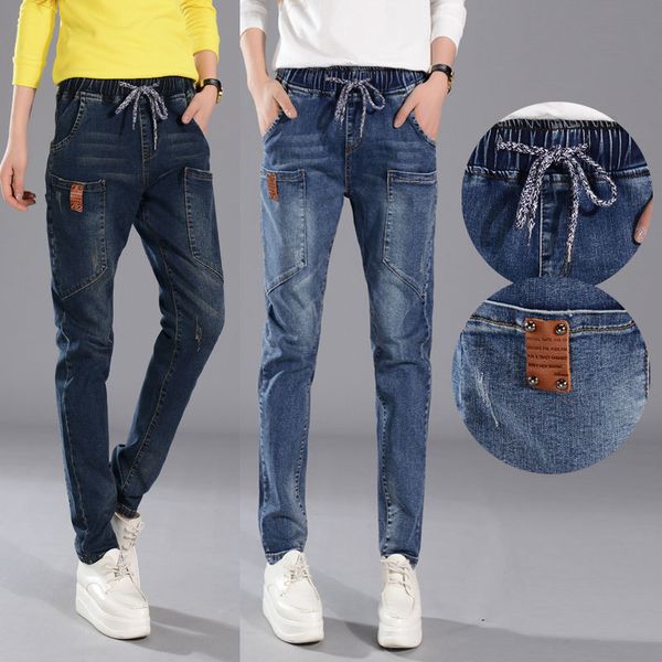 

plus size harem jeans pants elastic waist denim trousers loose casual vintage patch harem jeans female students pants with lace, Blue