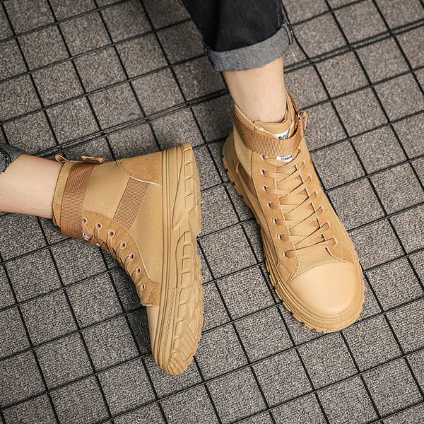 

buckle men's retro england lace boots high-tooling canvas shoes male solid color khaki short booties, Black