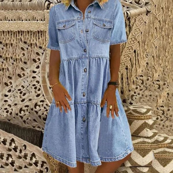 

casual dresses 2021 women denim summer vintage single breasted turn-down collar pockets loose short dress fashion boho, Black;gray
