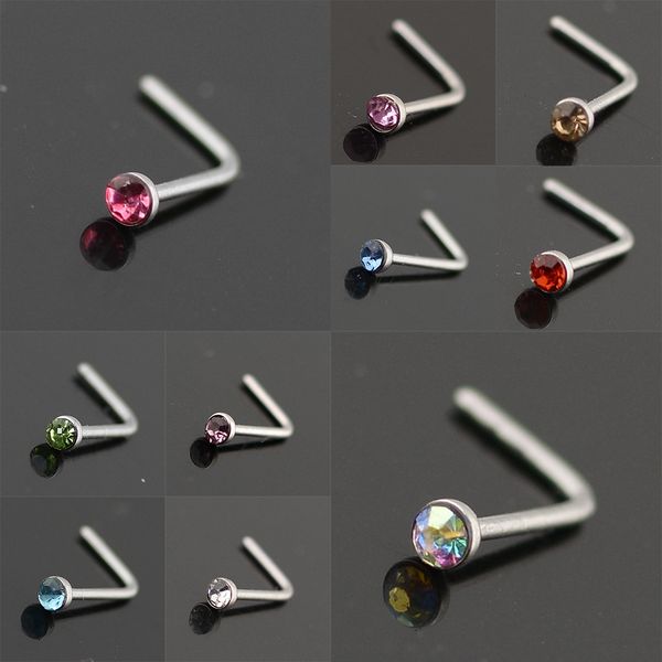 

50pcs crystal stainless steel fake nose stud l shaped faux nose rings for women septum body piercing jewelry 20 gauge wholesale, Silver