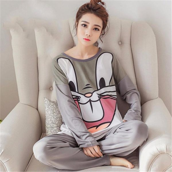 

autumn winter women pajamas set sleep jacket pant kawaii long sleeve animal sleepwear 2017 cartoon thick warm modal casual suit, Blue;gray