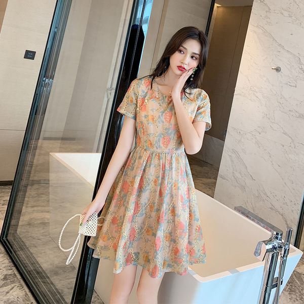 

summer new korean women's embroidered high waist round neck short sleeve a-line skirt children, Black;gray