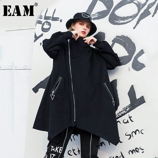 

eam] loose fit zipper asymmetrical big size jacket new hooded long sleeve women coat fashion tide autumn winter 2019 1h333, Black;brown
