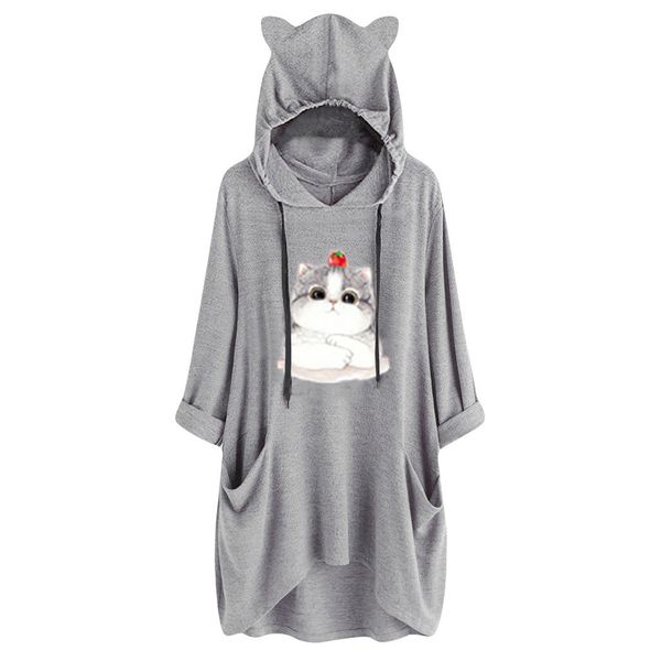 

women sweatshirt cat hoodies kawaii cat print autumn summer casual hooded long sleeves pocket irregular size plus s-5xl new, Black
